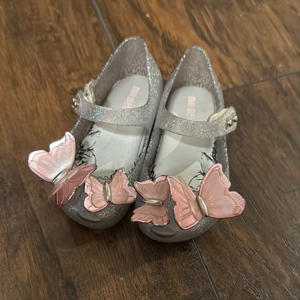 Mini Melissa Kids' Glitter Butterfly Shoes - Silver and Pink